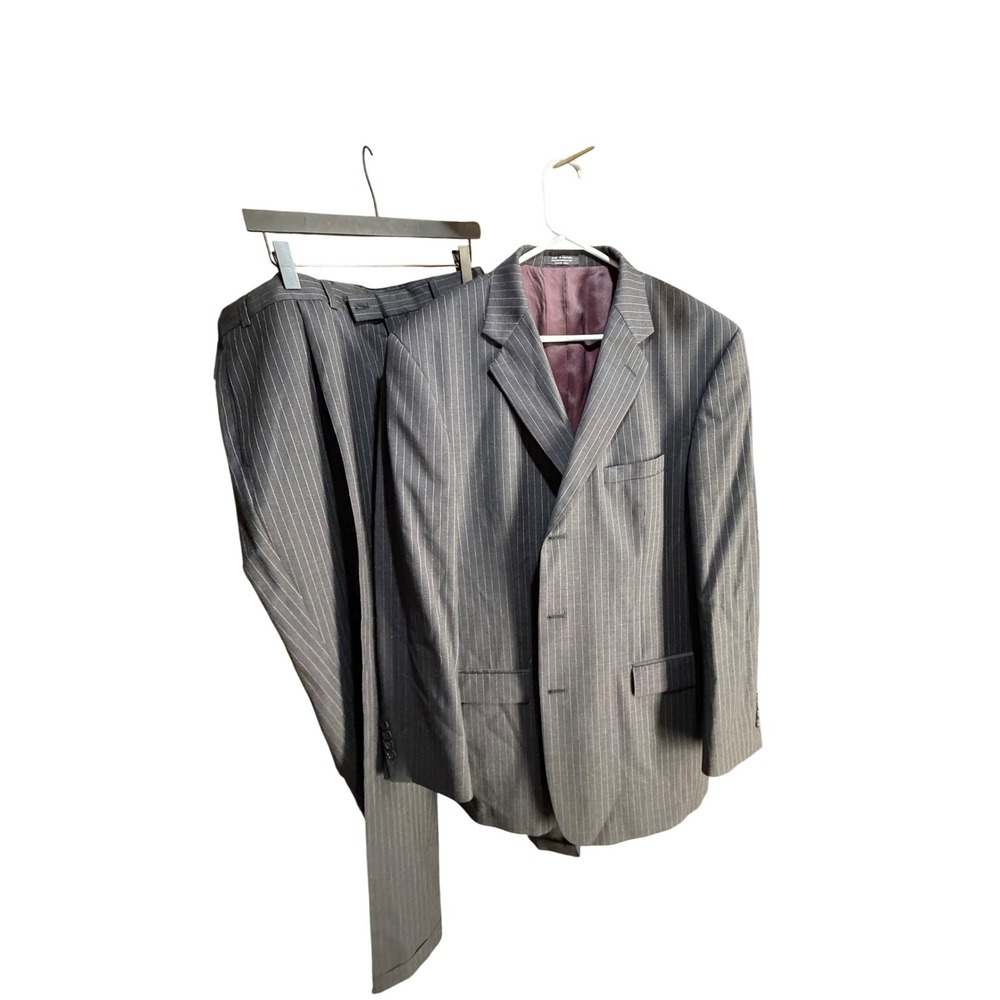 Alfani Mens 2 Piece Suit 46L 40x34 Charcoal Grey Pinstripe 100% Wool F750‎ F478